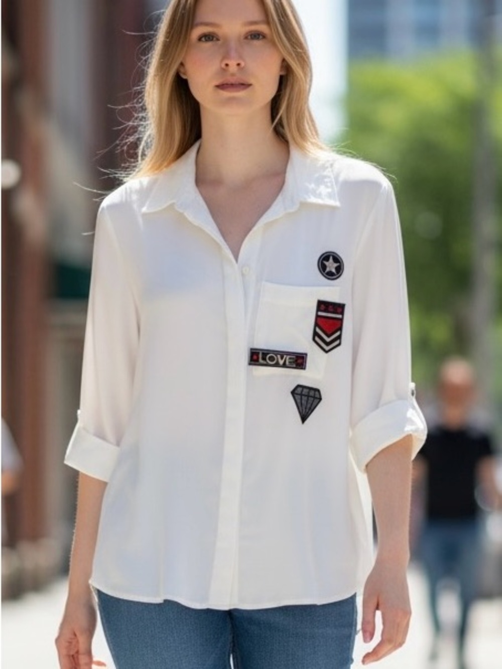 Gypsies & Moondust White Patch-Embellished Button-Down Shirt